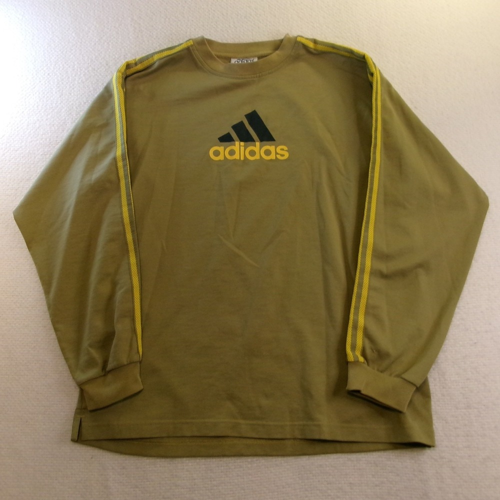 Adidas Mens Medium Long Sleeve T-Shirt Olive Green Yellow Stripes Vintage Logo